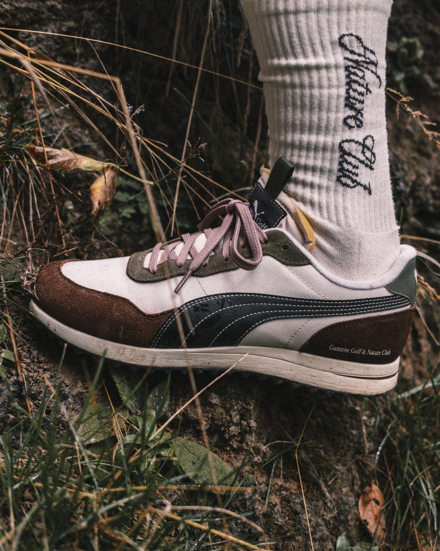 Sneaker with a nature club sock on grass