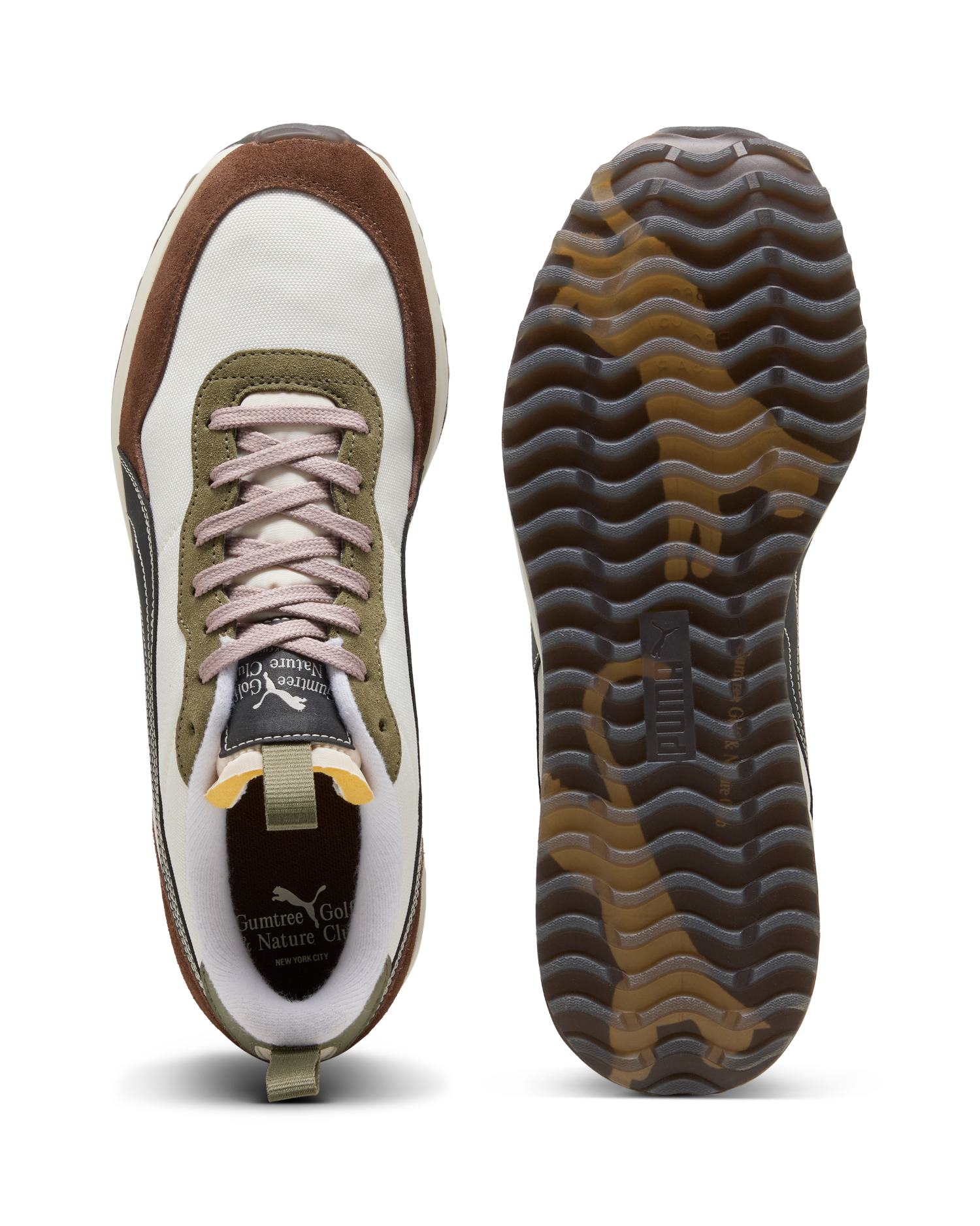 Sneaker shown from front and sole on a white background