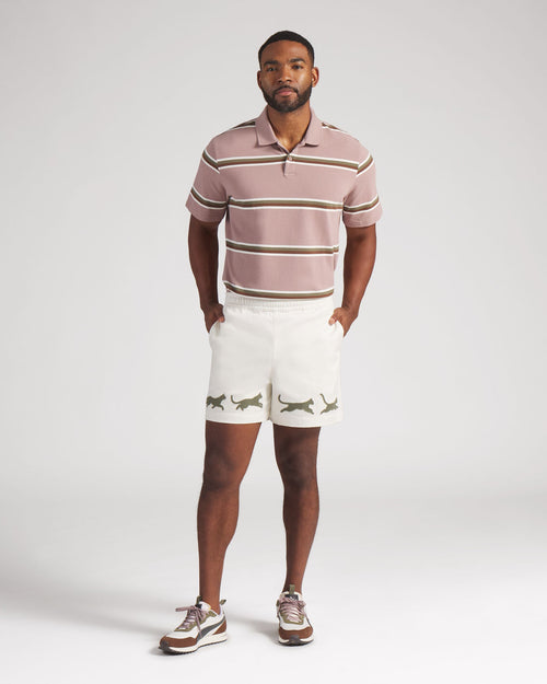 Man wearing a striped polo shirt and white shorts with a pattern on a plain background